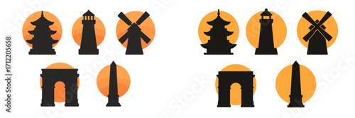 Iconic global landmarks and architectural silhouettes set against vibrant orange circular backgrounds, representing diverse cultures and travel destinations