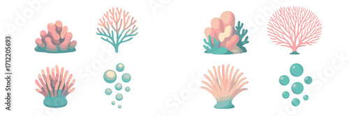 Vibrant collection of stylized underwater coral reef elements, sea anemones, and aquatic bubbles in soft pastel colors