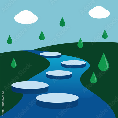 Scenic stepping stones across waterway with raindrops vector landscape background.