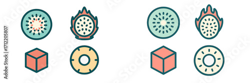 Vibrant stylized exotic fruit slices and abstract geometric shapes for modern design projects and digital interfaces