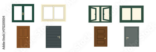 Assortment of residential windows and entry doors with diverse designs, including sliding, casement, and panel styles, in various color variations