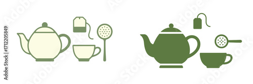 Graphic representation of essential tea brewing equipment featuring a teapot, teacup, tea bag, and infuser for hot beverages