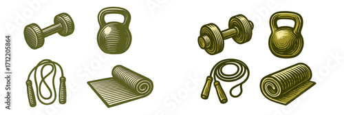Essential fitness equipment set featuring dumbbell, kettlebell, jump rope, and yoga mat for home gym workouts