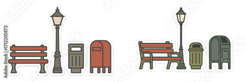 Collection of street furniture elements including park benches, lampposts, trash cans, and mailboxes