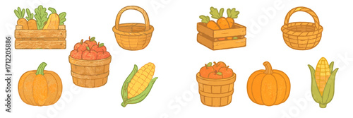 Autumn harvest collection with fresh farm produce, pumpkins, corn, apples, carrots, and empty wicker baskets