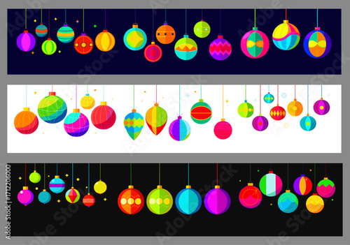 Vector collection of Christmas ornaments in modern bright eye-catching design, suitable for light and dark backgrounds, can be used separately as banners