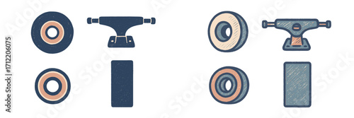 Skateboard wheels and trucks components set with textured graphic style for sports equipment design and assembly