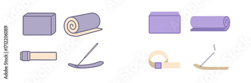 Collection of yoga and meditation accessories including blocks, mats, straps, and incense for wellness and spiritual practice