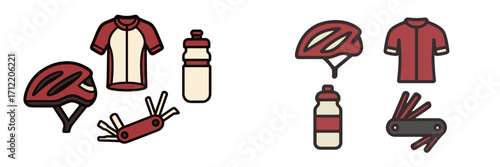 Bicycle accessories set with helmet, jersey, hydration bottle, and repair tool for active outdoor recreation