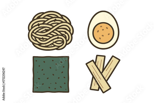 Assortment of popular Asian food ingredients including noodles, a hard-boiled egg, seaweed, and fish cakes