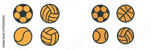 Set of diverse athletic game balls featuring soccer, volleyball, basketball, and tennis equipment for sports