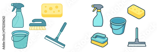Assortment of common cleaning tools including spray bottle, sponge, brush, bucket, and squeegee for household chores and maintenance