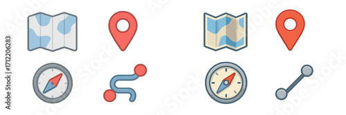 Collection of navigation and travel icons including maps, location pins, compasses, and route paths