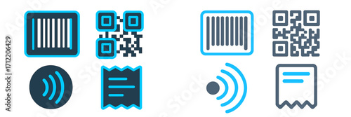 Modern digital payment identification symbols including barcode QR code contactless and receipt icons