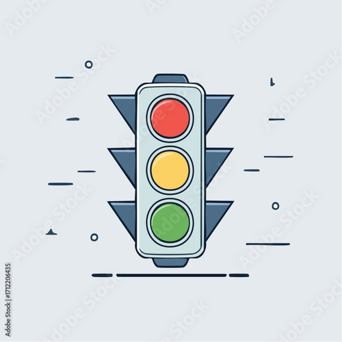Minimalist flat vector icon of a traffic light with bold outlines and distinct red, yellow, green signals, symbolizing road safety, urban control, and navigation