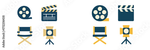 Filmmaking and movie production equipment set featuring film reel, clapperboard, director chair, and studio light