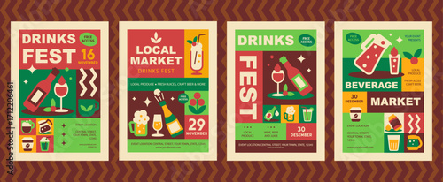 Festival poster collection for beer, wine, juice and cocktail events in geometric mosaic style
