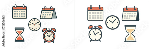Collection of time and schedule icons including calendars, clocks, and hourglass for planning and deadlines