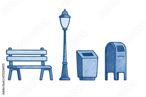 Comprehensive collection of essential urban street furniture elements featuring a classic park bench, a functional lamppost, a practical waste bin, and a traditional mailbox