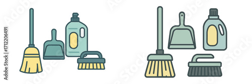 Collection of essential household cleaning supplies including brooms, dustpans, scrub brushes, and detergent bottles