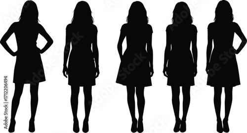 Black female dress silhouettes standing in various postures, fashion vector illustration for design, modeling, garment fitting, and style reference