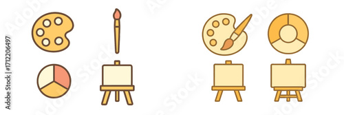Art and design tools icon set with paint palette, brush, easel, and color wheel elements for creative projects