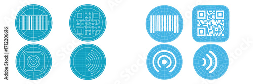 Modern digital identification and wireless communication symbols with blueprint grid background for technology
