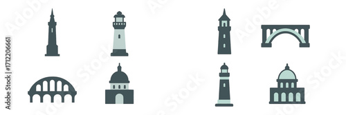 Diverse architectural landmarks, lighthouses, bridges, and historic buildings as travel destination icons in a modern flat design