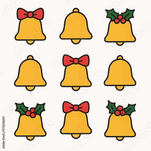 Festive Christmas Bells with Holly and Red Ribbon in a Cheerful Pattern