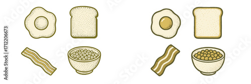 Assortment of popular breakfast foods with fried eggs, toasted bread, strips of bacon, and bowls of breakfast cereal