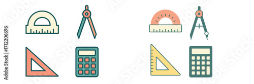 Set of colorful educational tools for geometry, math, and technical drawing, including protractors, compasses, set squares, and calculators