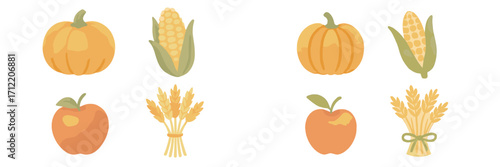 Vibrant autumn harvest collection featuring pumpkins, sweet corn, fresh apples, and golden wheat bundles