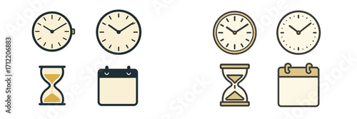 Modern collection of time and date icons featuring clocks, hourglasses, and calendars in a clean, minimalist style for various applications