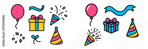 Vibrant festive party celebration elements set with balloons gift boxes confetti party poppers and hats