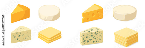 Assortment of various cheese types including cheddar, brie, blue cheese, and sliced cheese on a white background