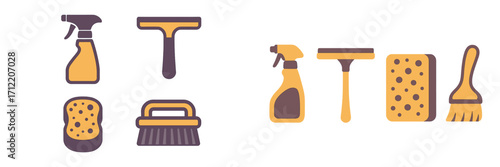 Essential household cleaning tools set with spray bottle, squeegee, sponge, and brush for domestic hygiene tasks