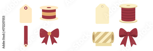 Collection of gift wrapping elements including ribbons, bows, tags, and paper rolls for festive occasions