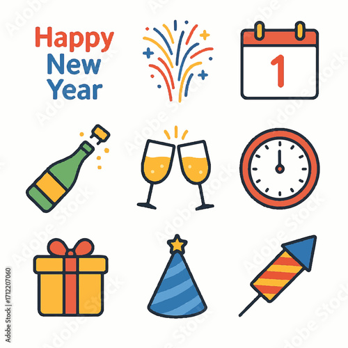Festive New Year Celebration Icons with Party Decorations and Clocks