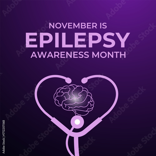 Epilepsy Awareness Month, observed in November, raises awareness about epilepsy, seizures, treatment, and brain health. Purple ribbon and  brain Vector illustration. Banner poster, social media vector