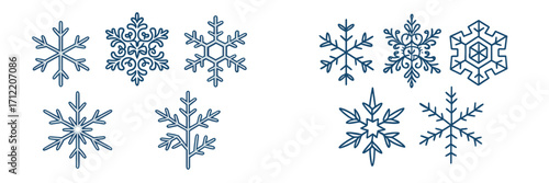 Diverse stylized blue snowflake outlines for winter season greeting cards, festive banners, and holiday digital projects