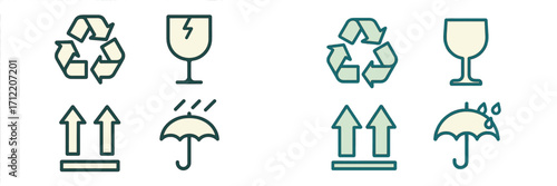 Essential shipping and handling symbols for package care, logistics, environmental responsibility, and safe transport of goods