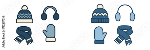Collection of essential winter clothing accessories featuring a warm beanie hat, earmuffs, cozy scarf, and a protective mitten