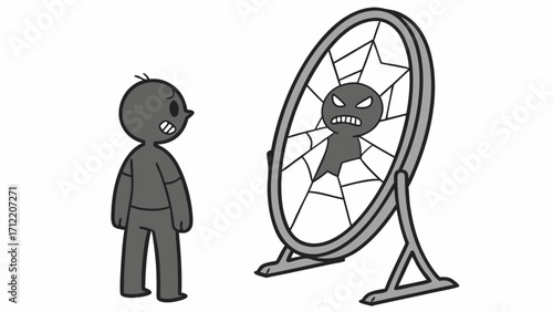 A Person Facing a Troubled Reflection in a Spiderweb Mirror