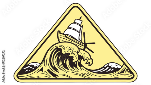 A Nautical Illustration of a Ship Battling Turbulent Ocean Waves