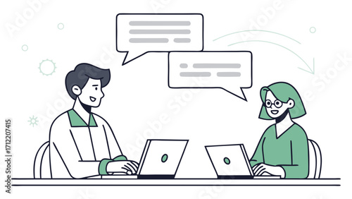 Collaborative Online Discussion Two Colleagues Exchange Ideas via Laptops