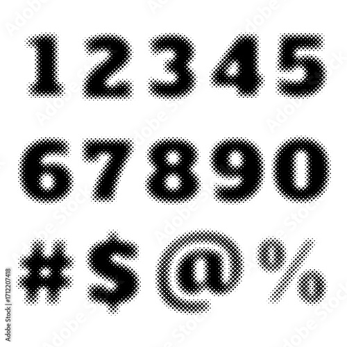 Black halftone numbers set and symbols on a white background