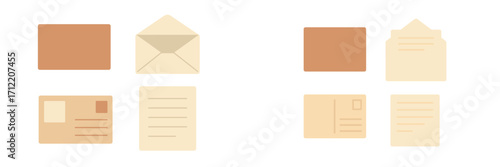 Assortment of mail and correspondence items including closed and open envelopes, letters, and blank postcards