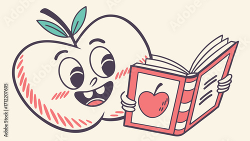 Happy Apple Character Reading a Book with an Apple on It