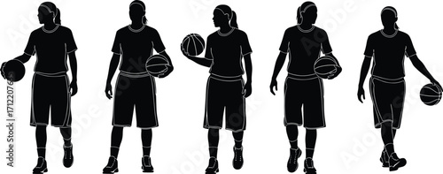 "Basketball player silhouettes in various poses holding balls, sports vector illustration for training, competition, lifestyle, and athletic design projects"