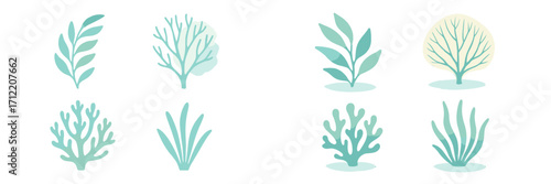 Variety of stylized botanical and aquatic plant shapes with a gentle watercolor texture on a clean white background